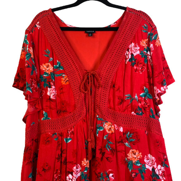 TORRID‎ Red Floral Gauze Lace-Up Skater Dress - Picture 3 of 16